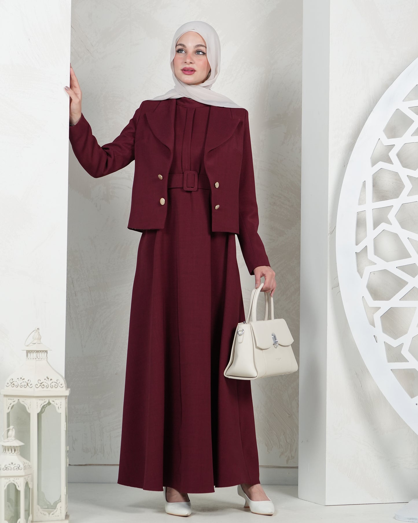 Women's long dress set with a short jacket and belt
