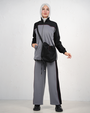 Women's Tracksuit with Zip-Front Jacket and Wide-Leg Trousers - Grey