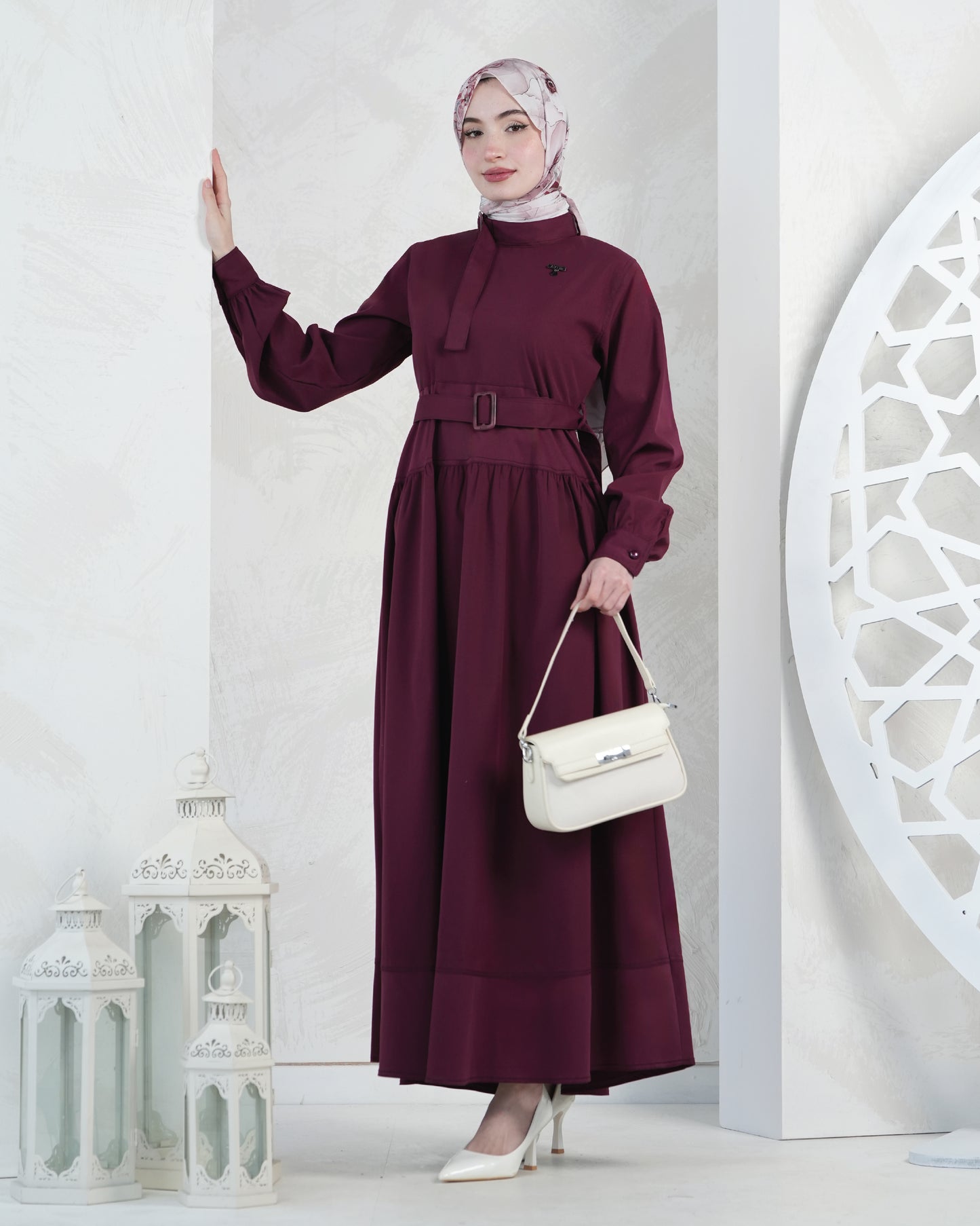 Elegant Belted Modest Maxi Dress – Caramel:10800