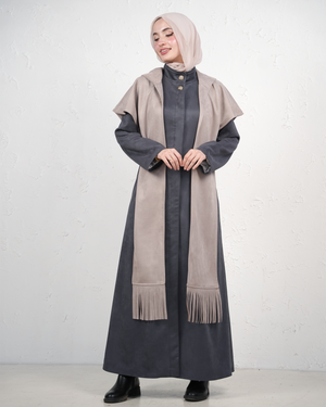 Long Jilbab with Fringed Scarf - Grey