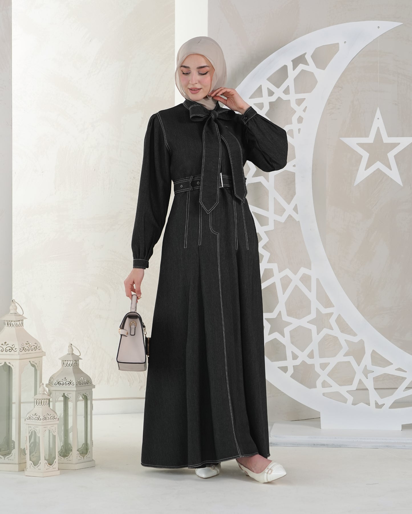 Stylish Denim Dress with Neck Tie:10590