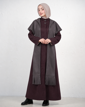 Long Jilbab with Fringed Scarf - Charcoal