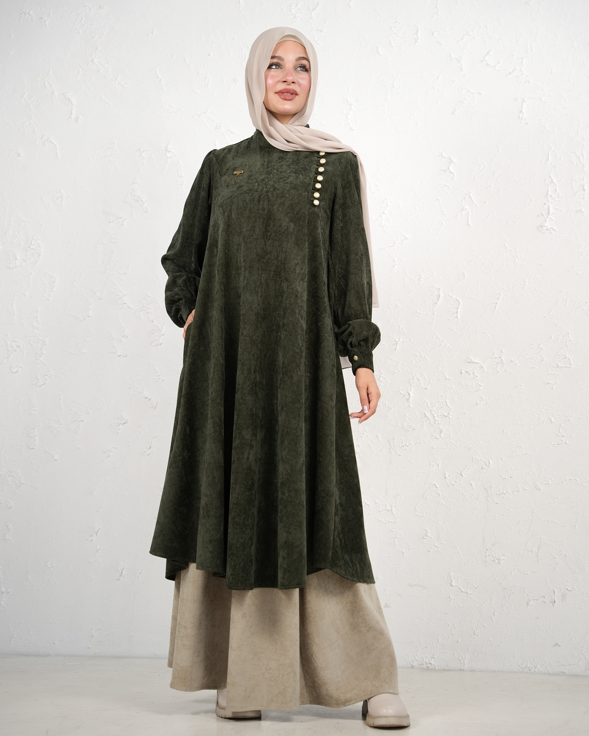 Skirt and Long Tunic Set with Side Buttons - Olive