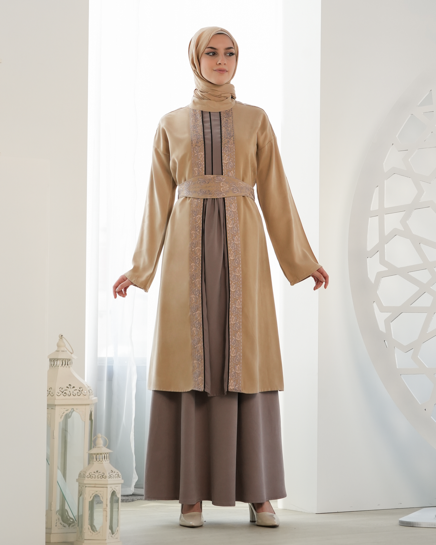 Elegant Embroidered Abaya with Waist Belt:7590