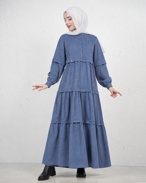 Long Tiered Dress with Front Buttons - Blue