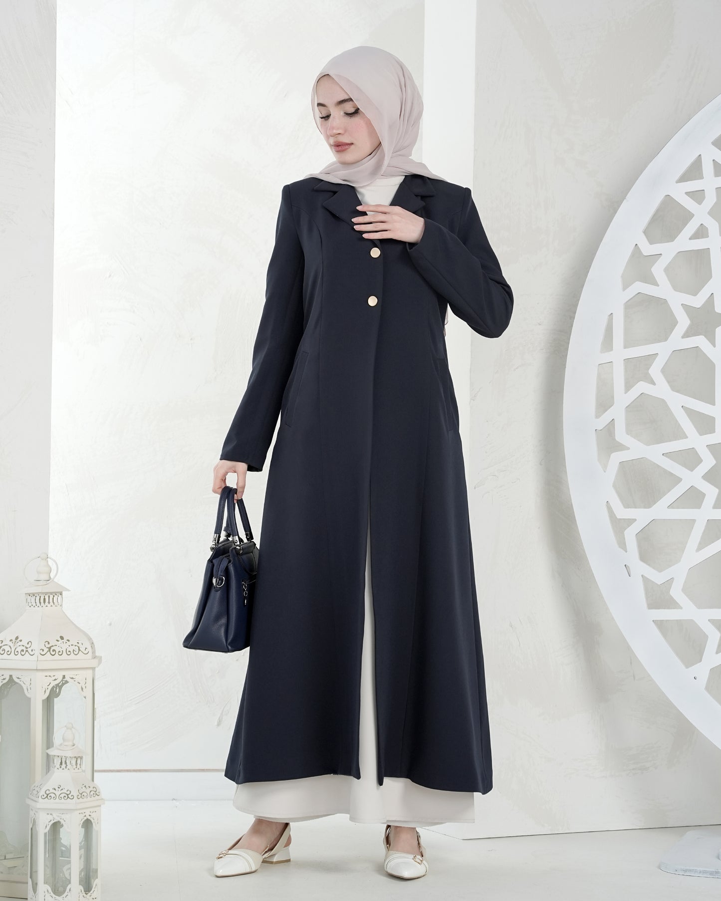 Two-Piece Long Coat Set – Refined Modest Elegance:10700