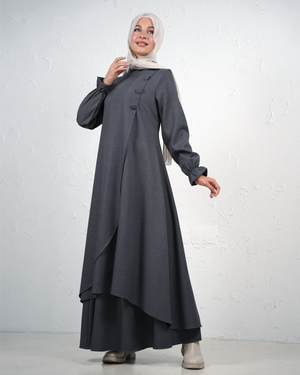 Long Layered Jilbab with Side Buttons - Charcoal