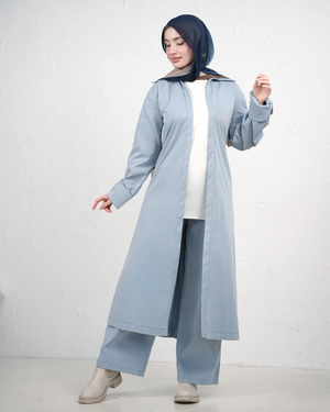 Three-Piece Set with Long Coat and Wide-Leg Trousers - Light Blue