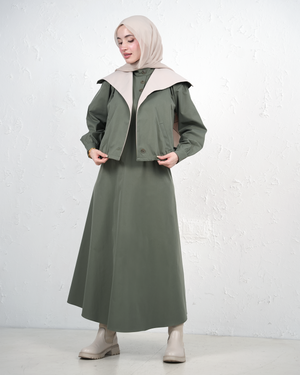 Long Dress with Wide-Collar Cropped Jacket - Olive