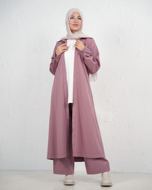 Three-Piece Set with Long Coat and Wide-Leg Trousers - Light Mauve