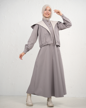 Long Dress with Wide-Collar Cropped Jacket - Grey
