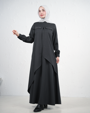 Flowy Jilbab with Tiered Front Design - Charcoal