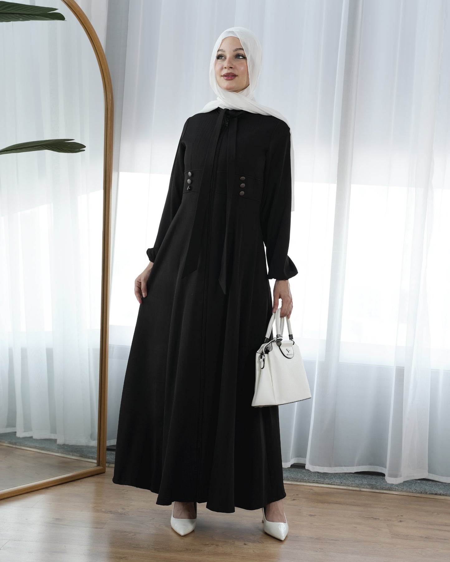 Elegant Modest Maxi Dress with Soft Neck Tie Detail:9450