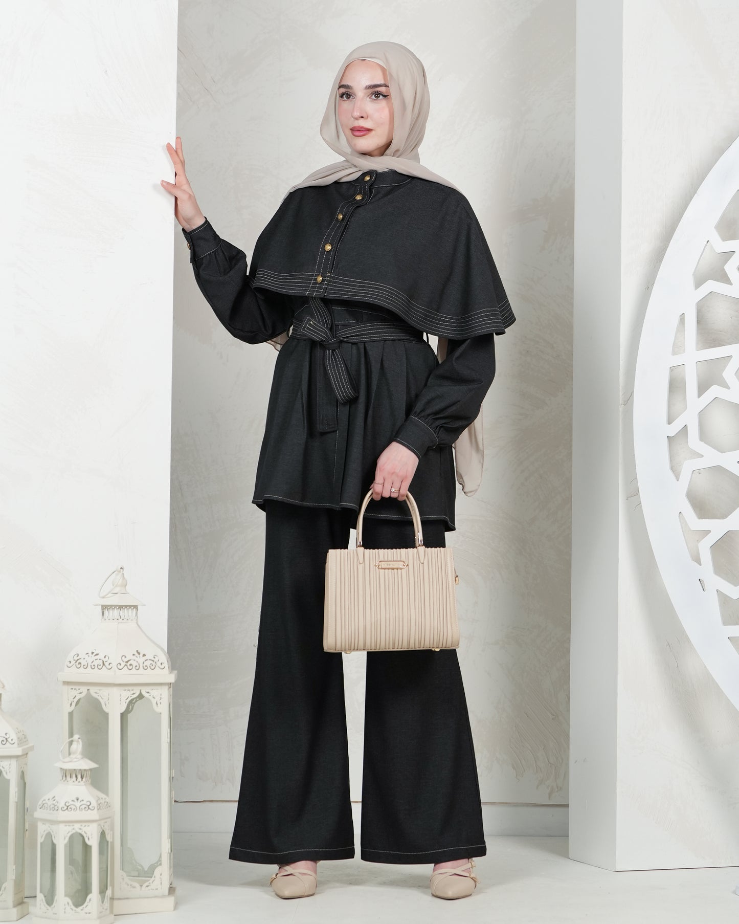 Elegant Two-Piece Set with Cape & Belted Waist:11060