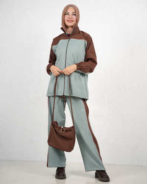 Women's Tracksuit with Zip-Front Jacket and Wide-Leg Trousers - Blue