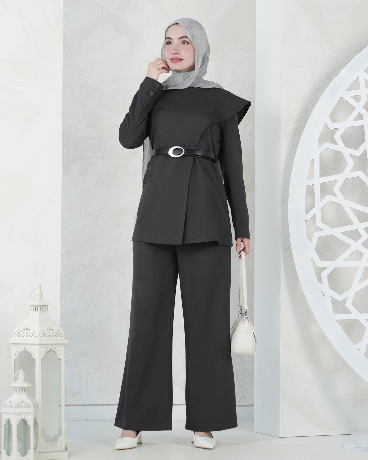Elegant Two-Piece Set with Asymmetrical Cape & Belt:11040