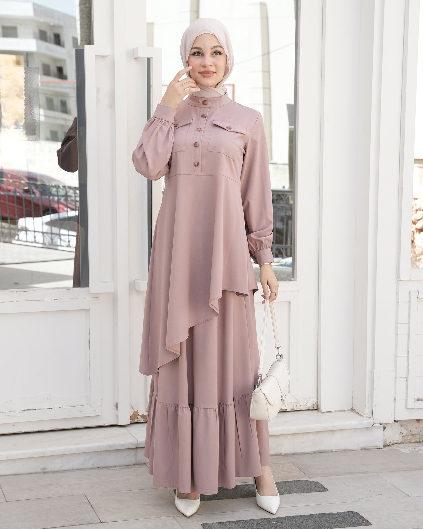 Modest Two-Piece Set with Elegant Button Detail:11360