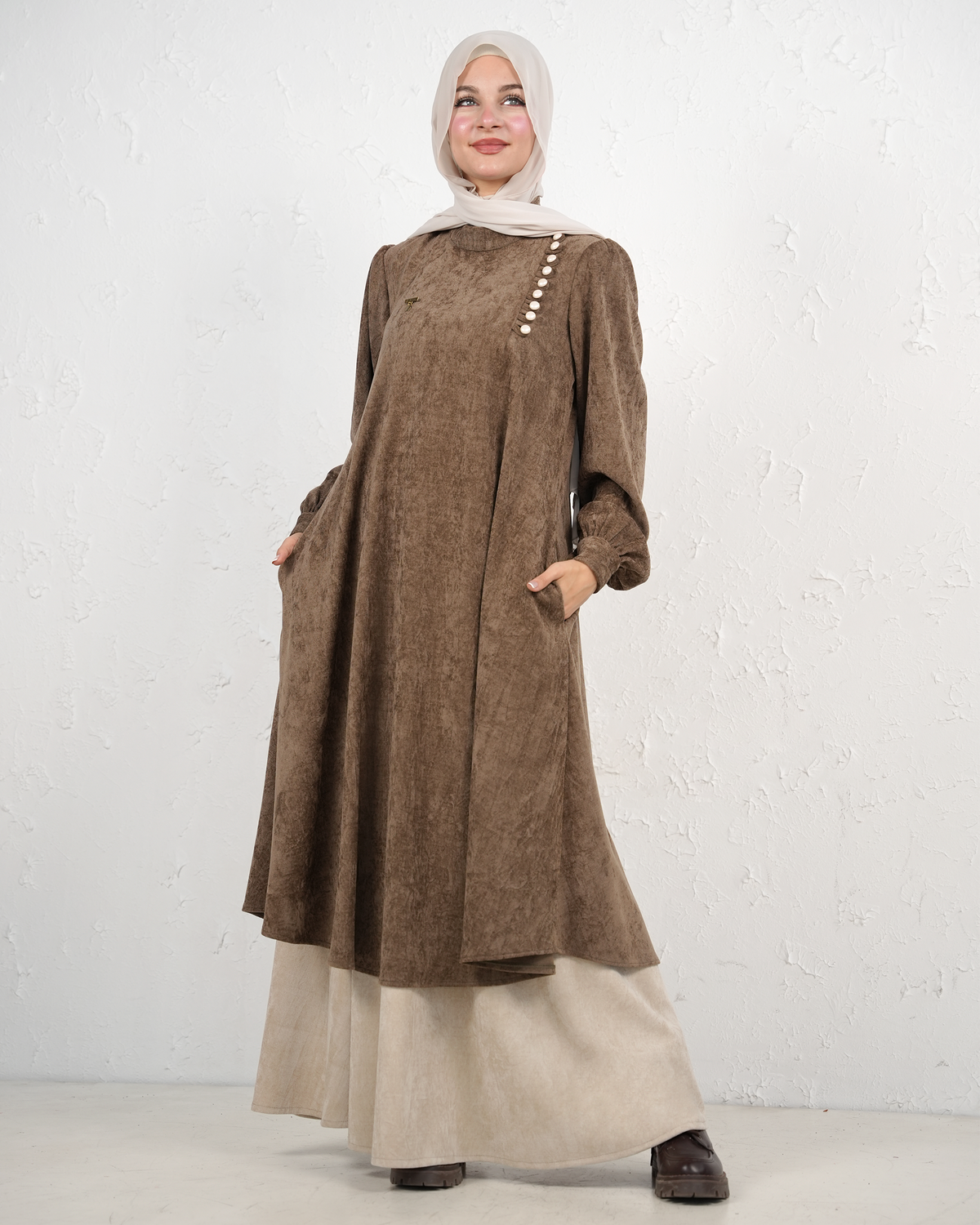 Skirt and Long Tunic Set with Side Buttons - Brown