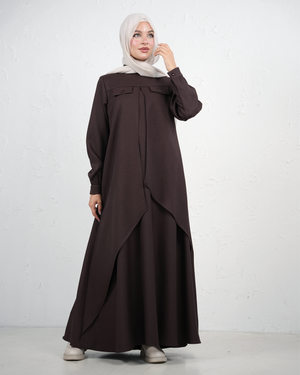 Flowy Jilbab with Tiered Front Design - Brown