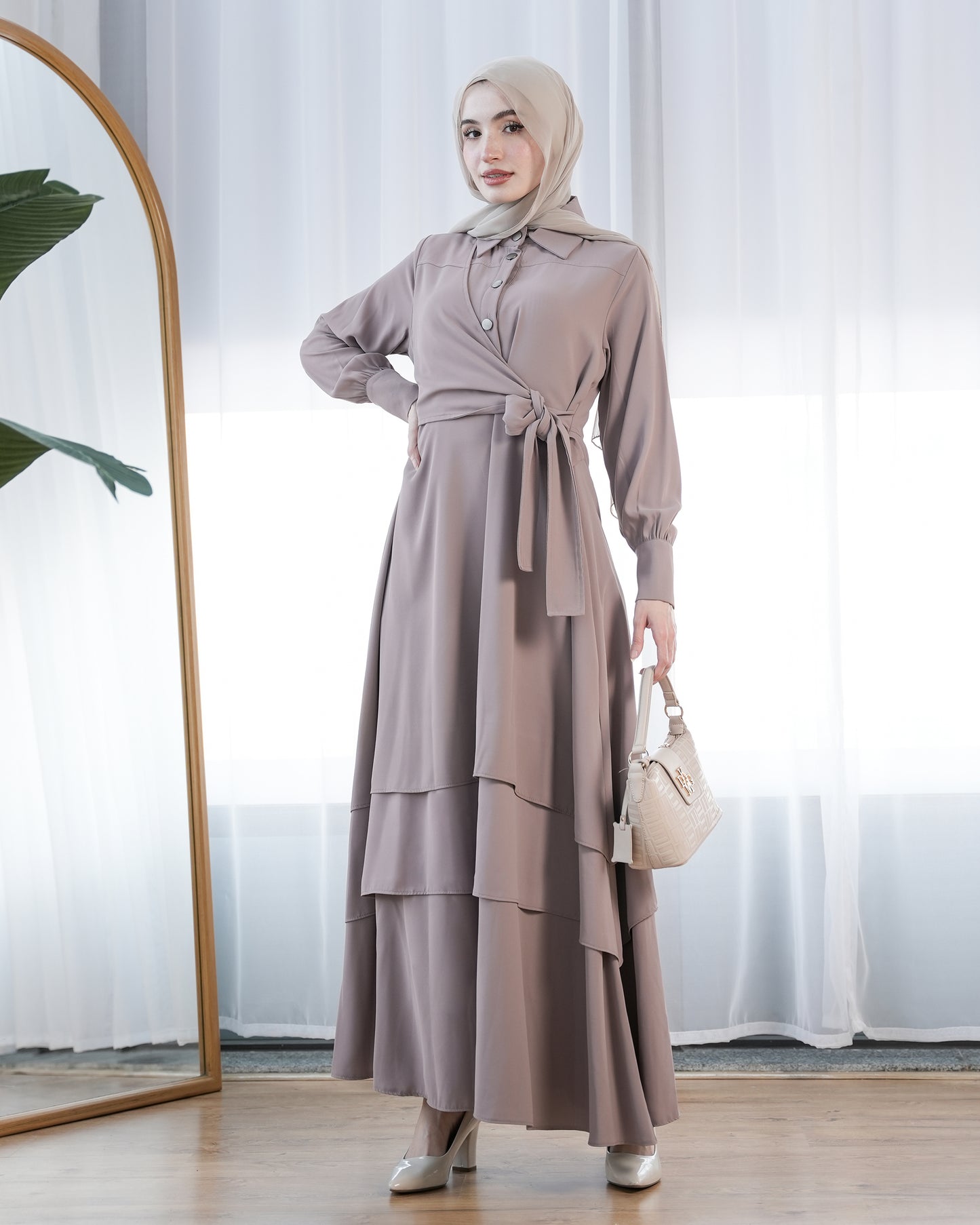 Elegant Modest Wrap Dress with Waist Tie:9300