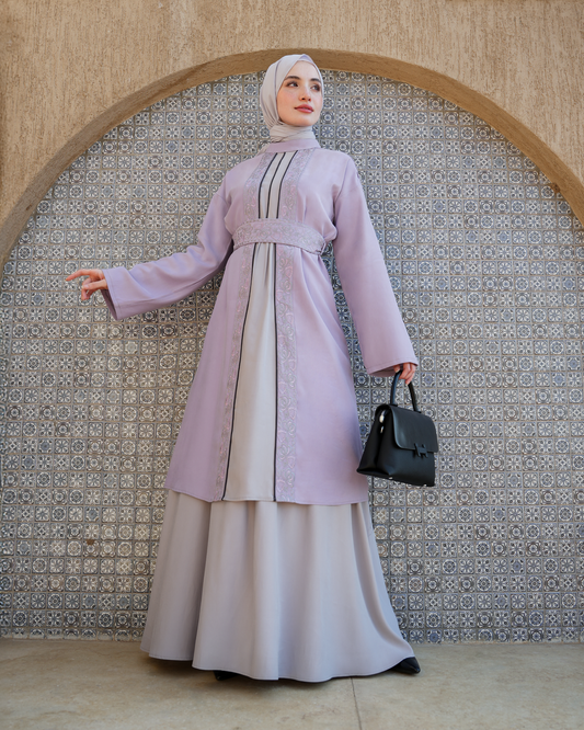Elegant Embroidered Abaya with Waist Belt:7590