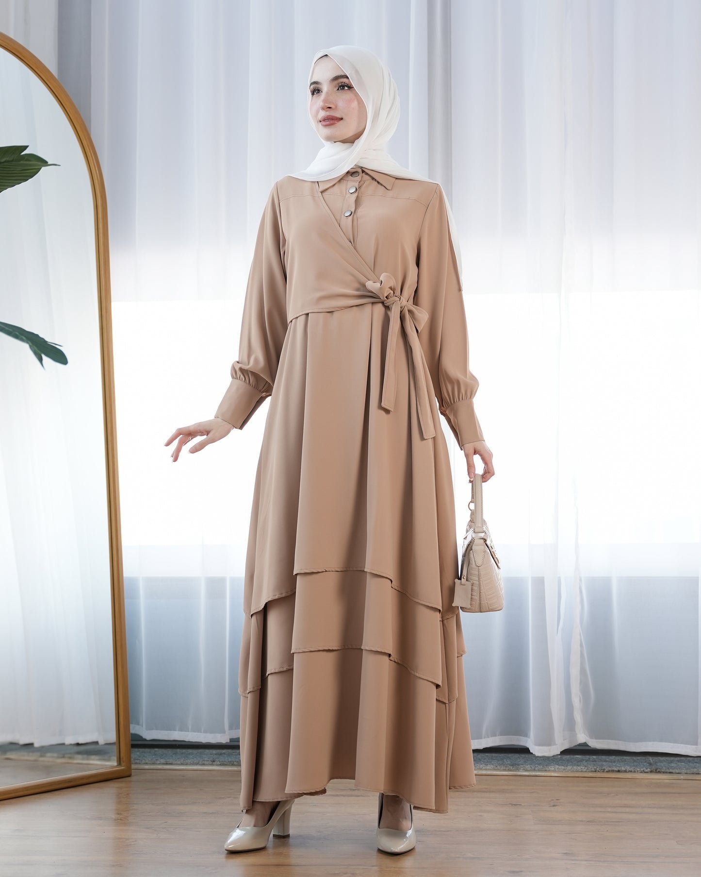 Elegant Modest Wrap Dress with Waist Tie:9300