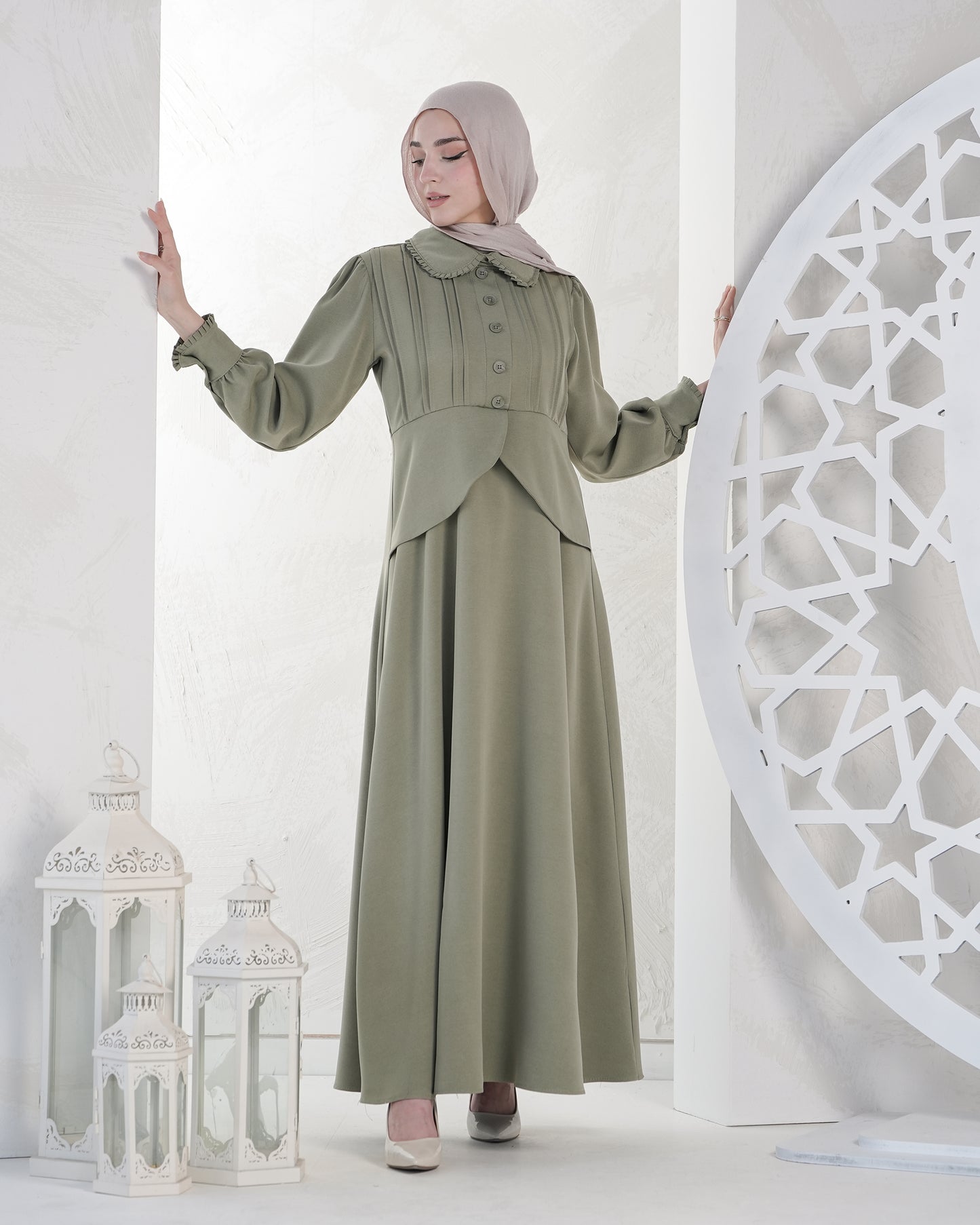 Elegant Long Dress with Chic Feminine Details:10740