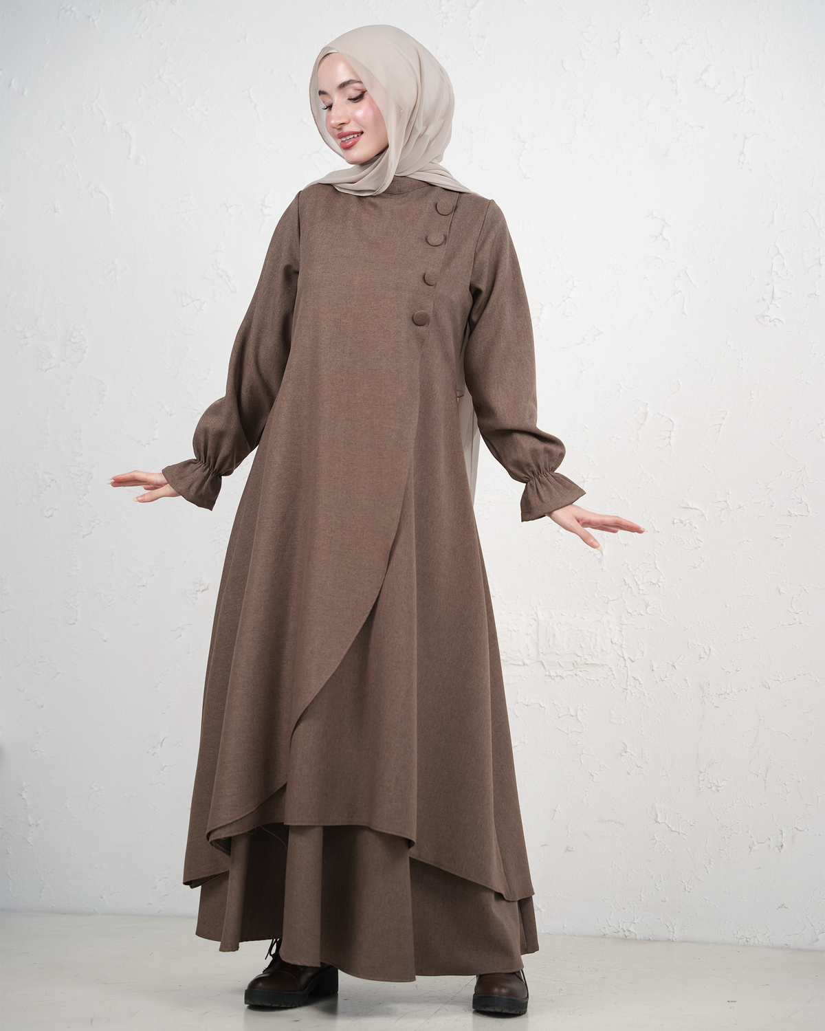 Long Layered Jilbab with Side Buttons - Brown