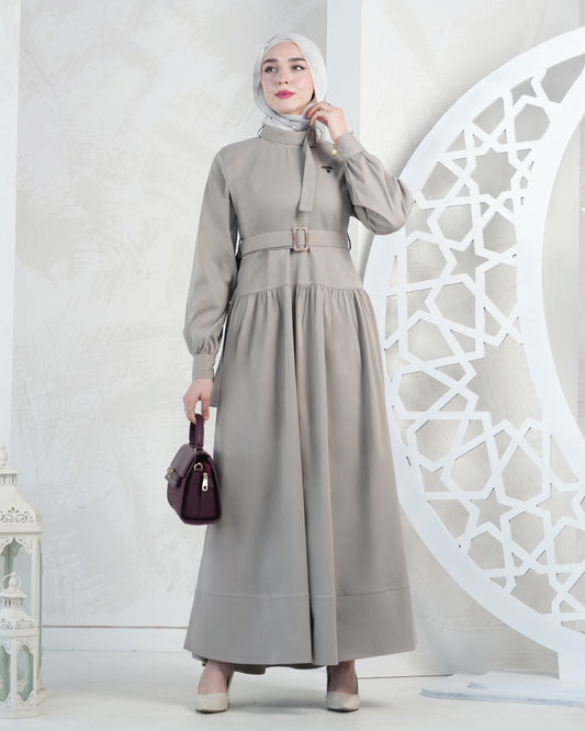 Elegant Belted Modest Maxi Dress – Caramel:10800