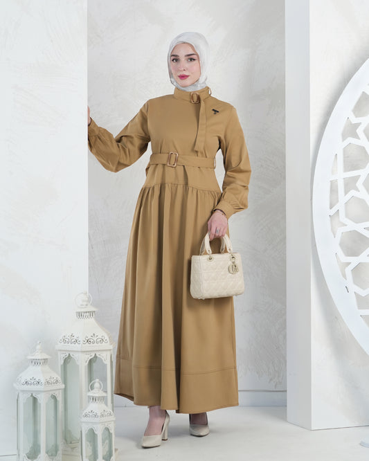 Elegant Belted Modest Maxi Dress – Caramel:10800