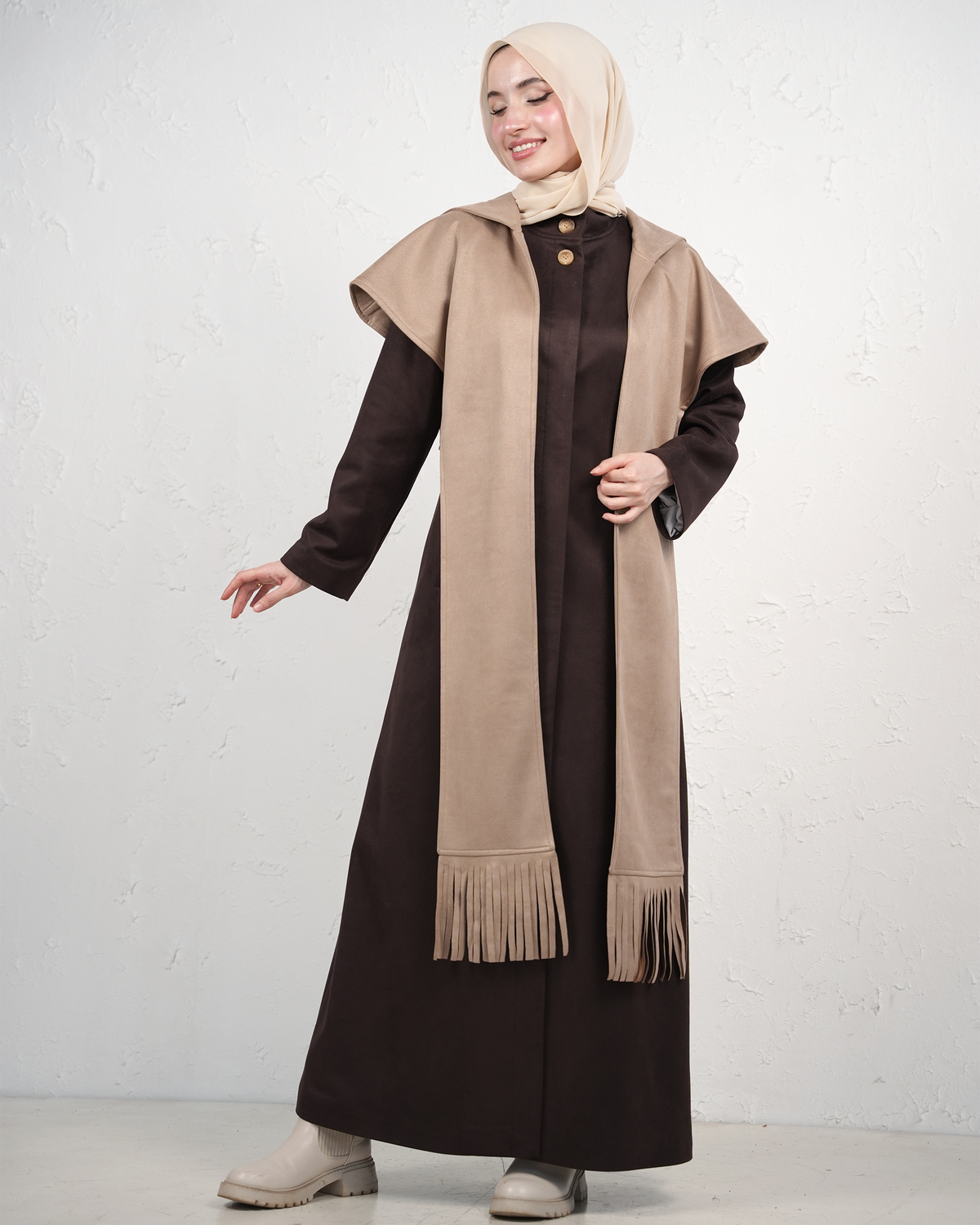 Long Jilbab with Fringed Scarf - Burgundy