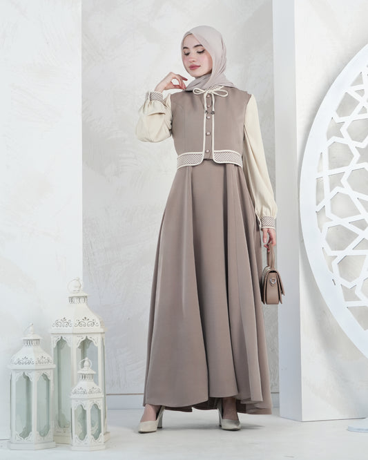 Elegant Layered Modest Maxi Dress – Taupe:10870
