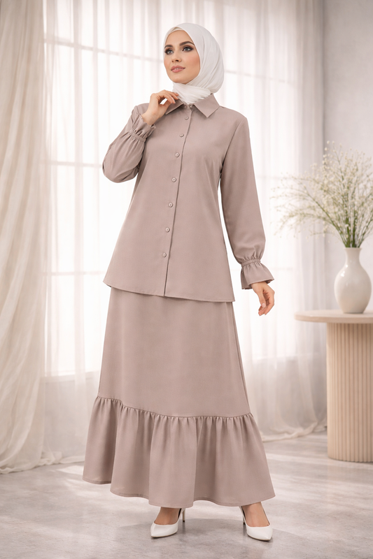 Chic Modest Set with Button-Up Top and Flowing Skirt:9320