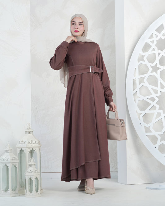 Elegant Belted Modest Maxi Dress – Chocolate Brown:10970
