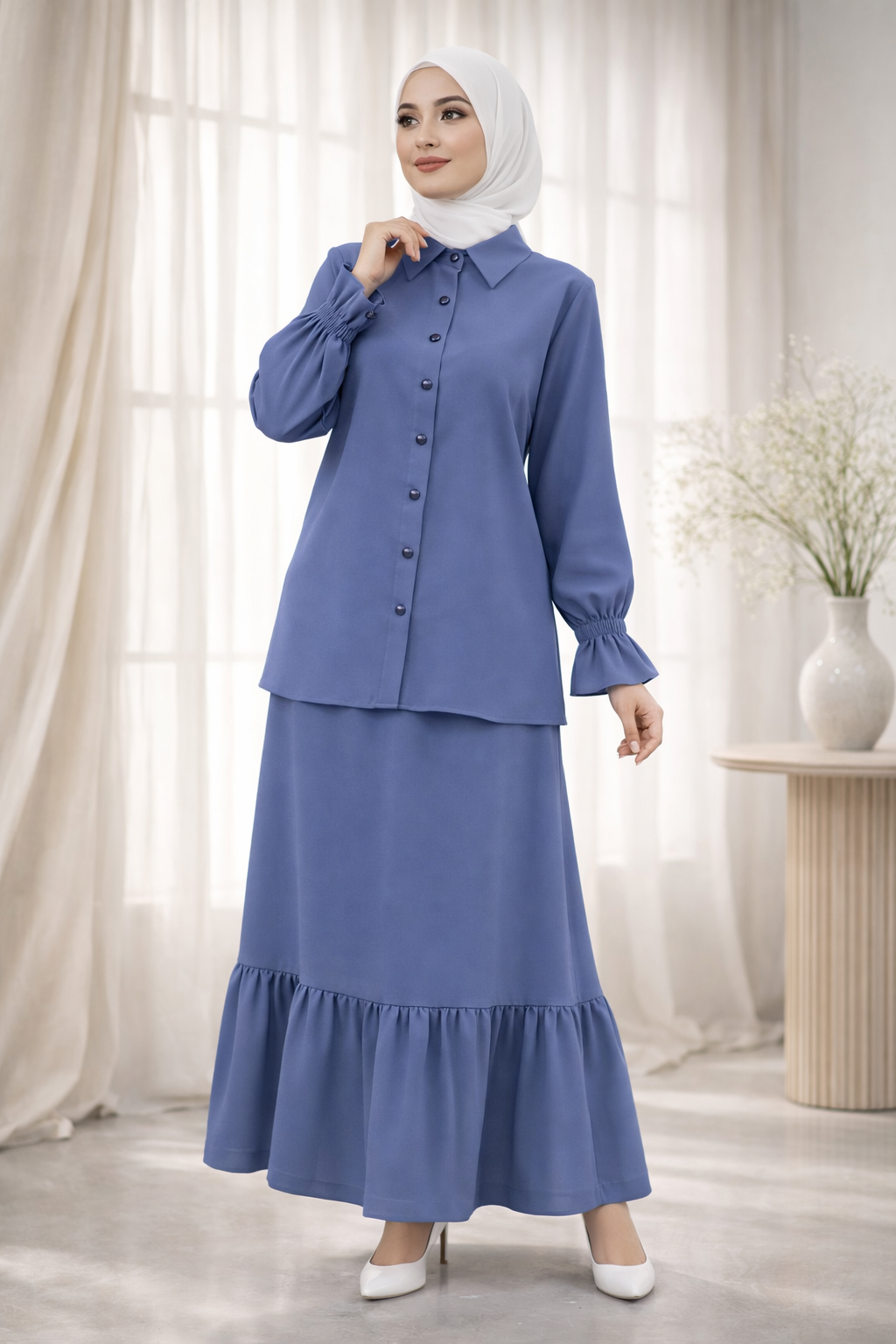 Chic Modest Set with Button-Up Top and Flowing Skirt:9320