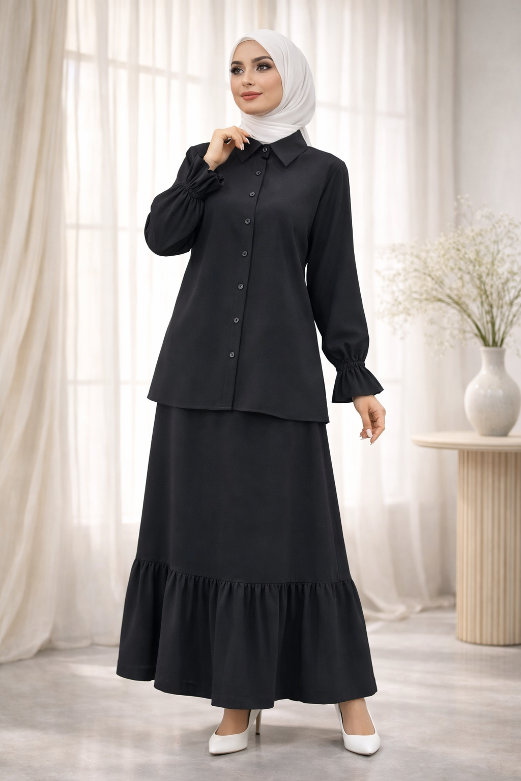 Chic Modest Set with Button-Up Top and Flowing Skirt:9320