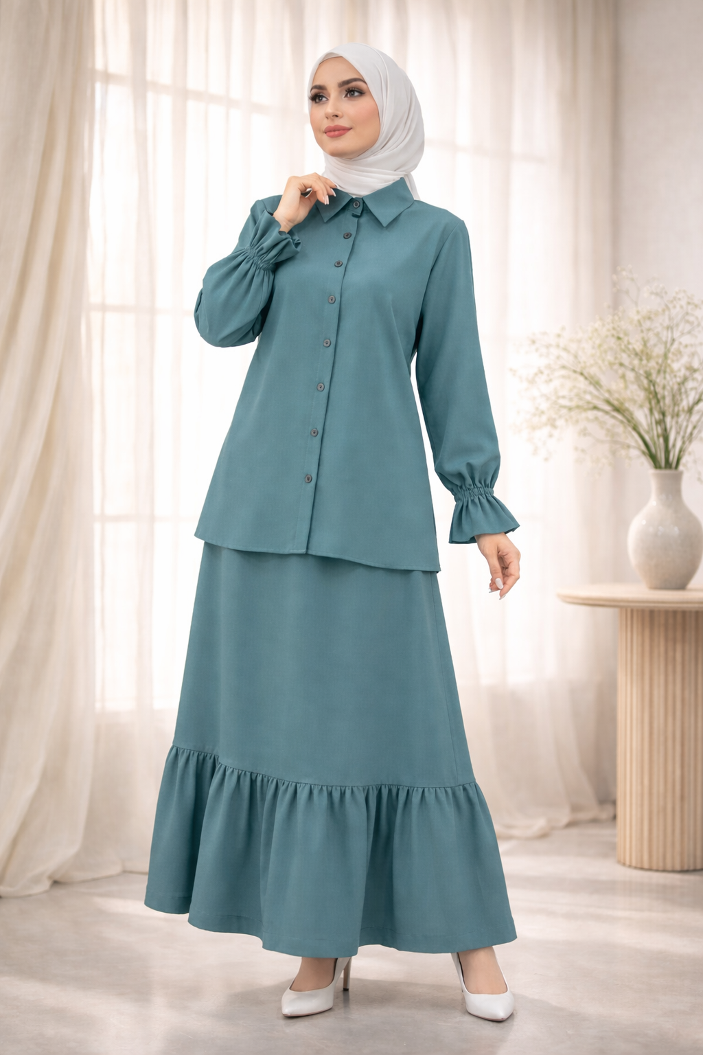 Chic Modest Set with Button-Up Top and Flowing Skirt:9320