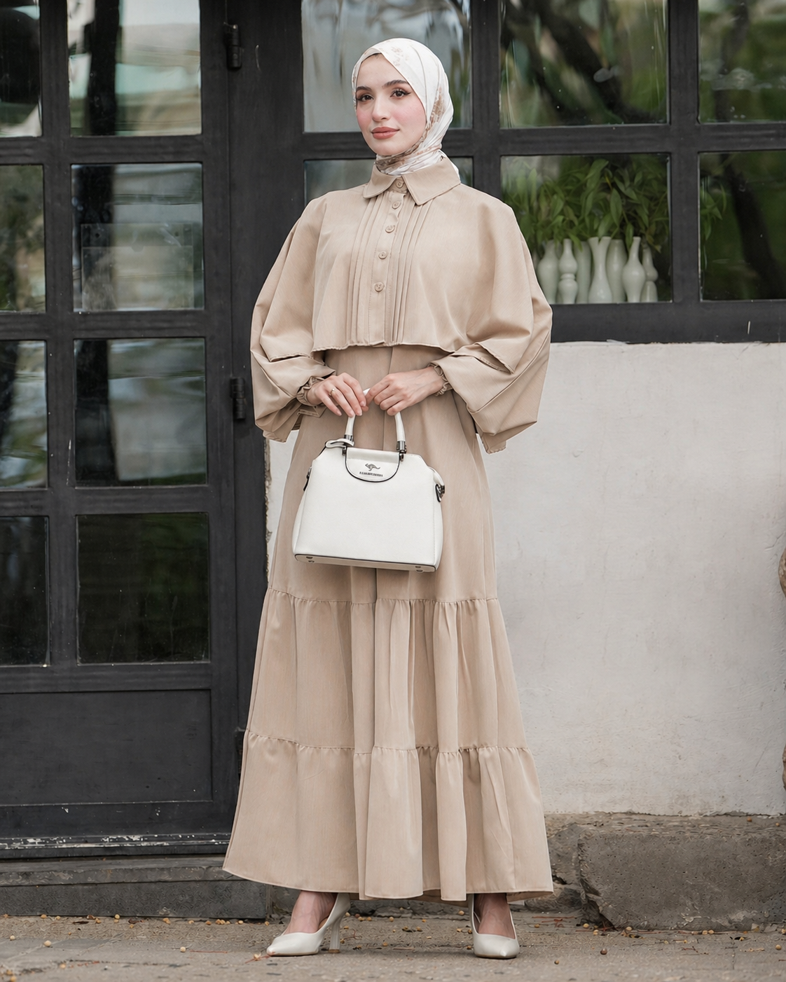 Elegant Tiered Dress with Classic Collar:11100