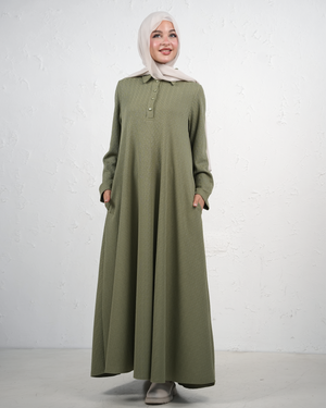Flowy Maxi Dress with Shirt Collar and Front Buttons - Olive