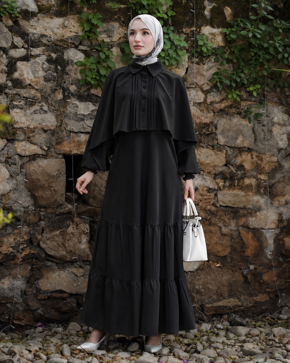 Elegant Tiered Dress with Classic Collar:11100