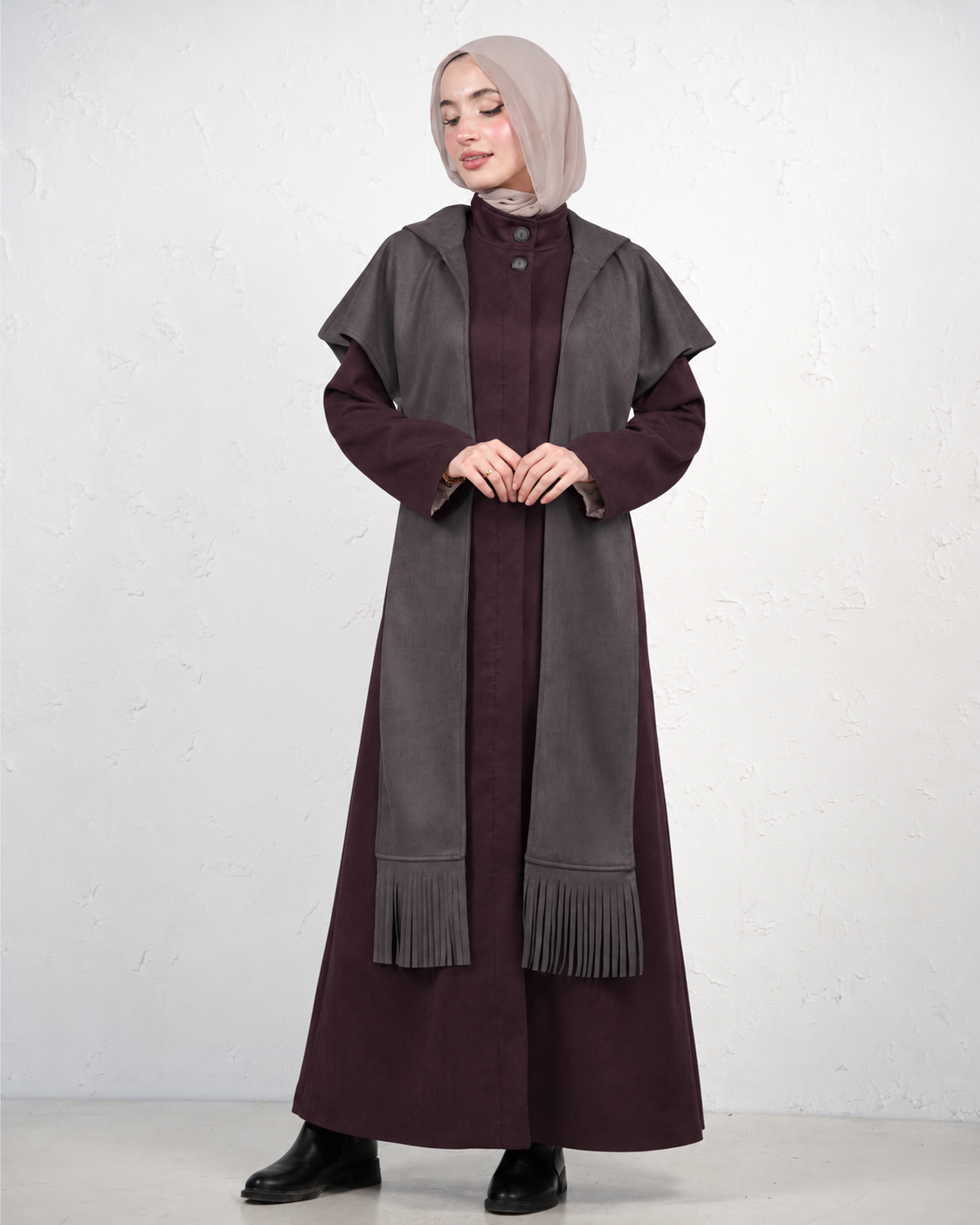 Long Jilbab with Fringed Scarf - Charcoal