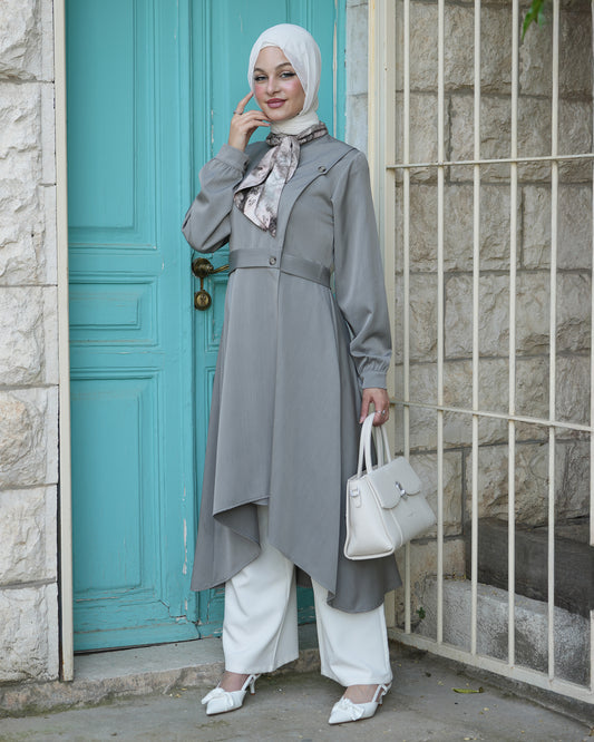Elegant Tunic with Asymmetrical Cut and Waist Belt:11320