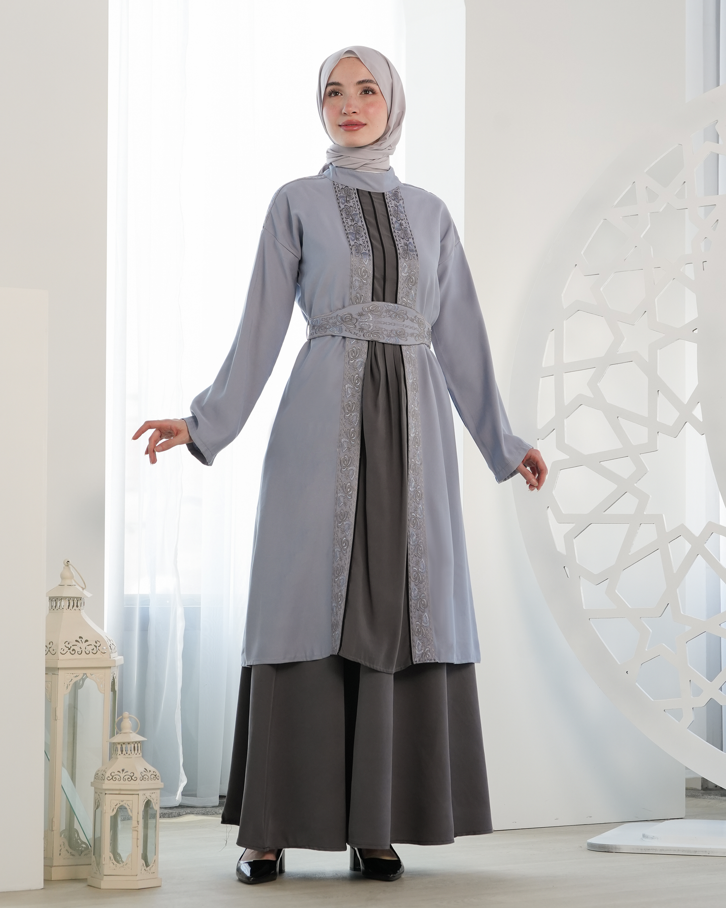 Elegant Embroidered Abaya with Waist Belt:7590
