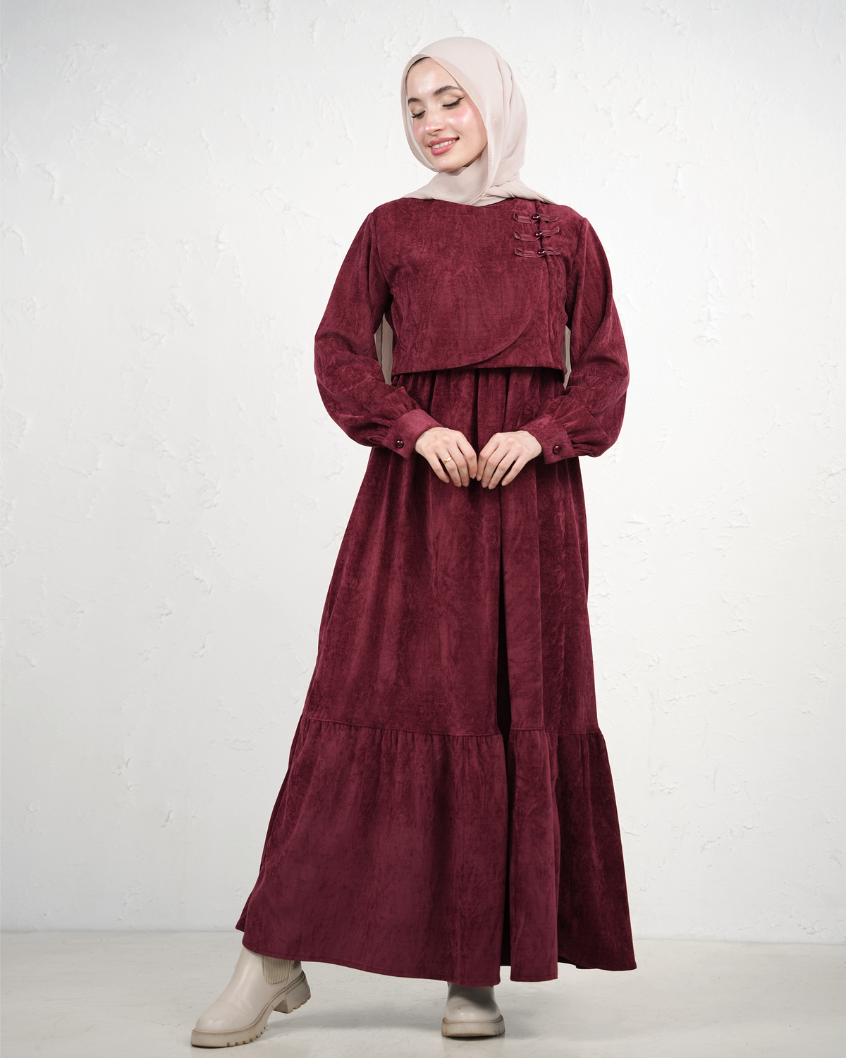 Long Dress with Overlay and Side Clasps - Red