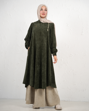 Skirt and Long Tunic Set with Side Buttons - Olive