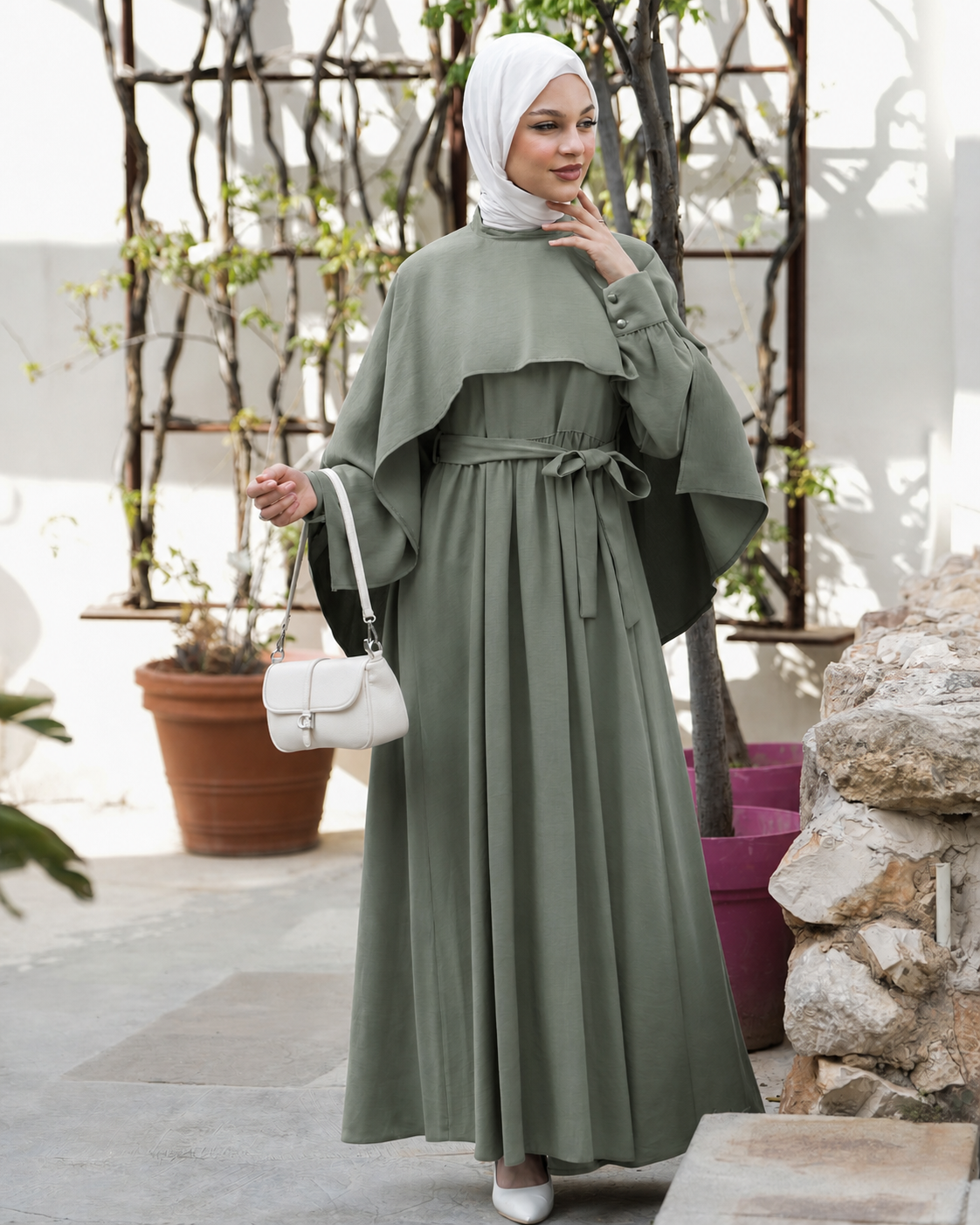 Elegant Modest Dress with Cape Detail:11180