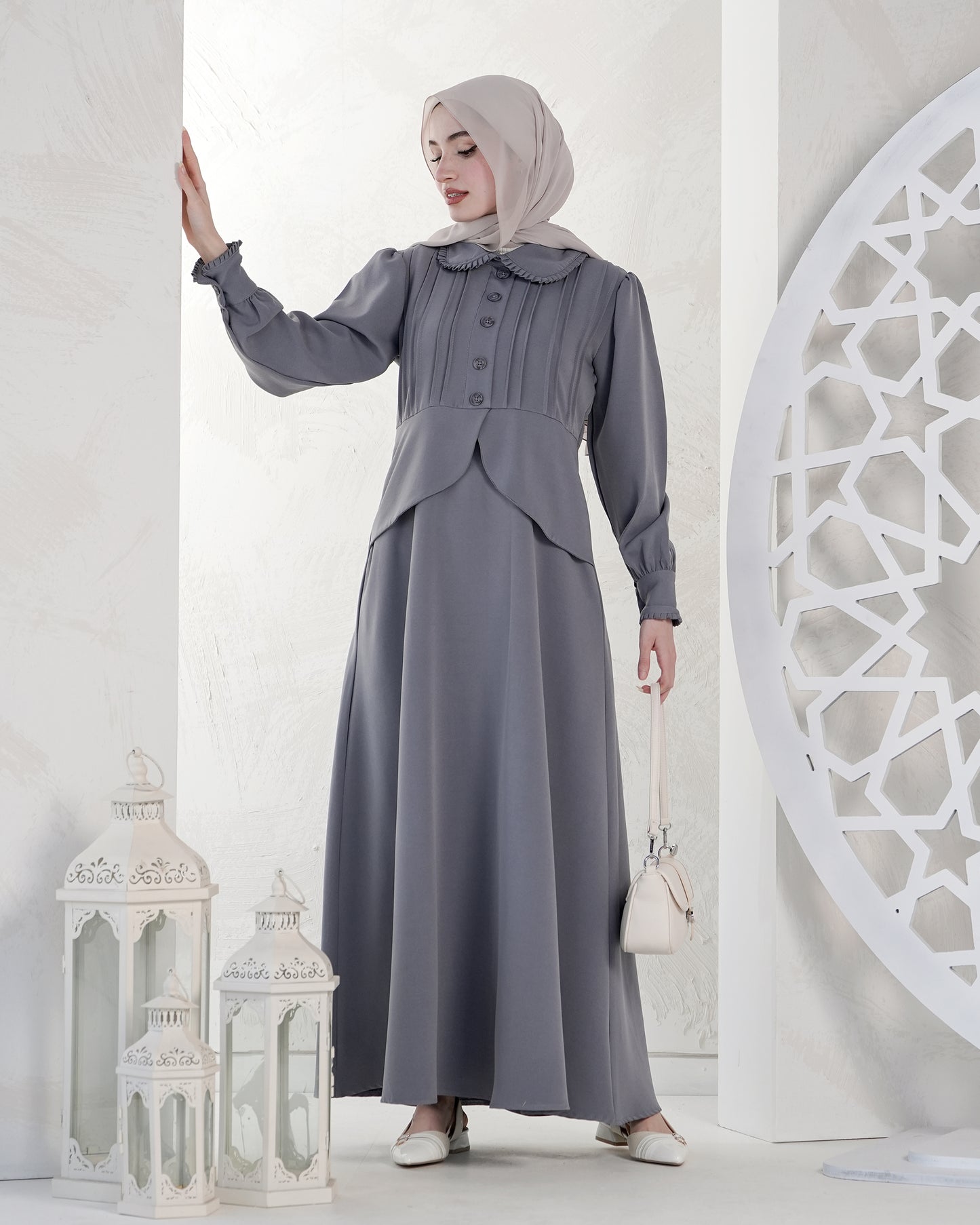 Elegant Long Dress with Chic Feminine Details:10740