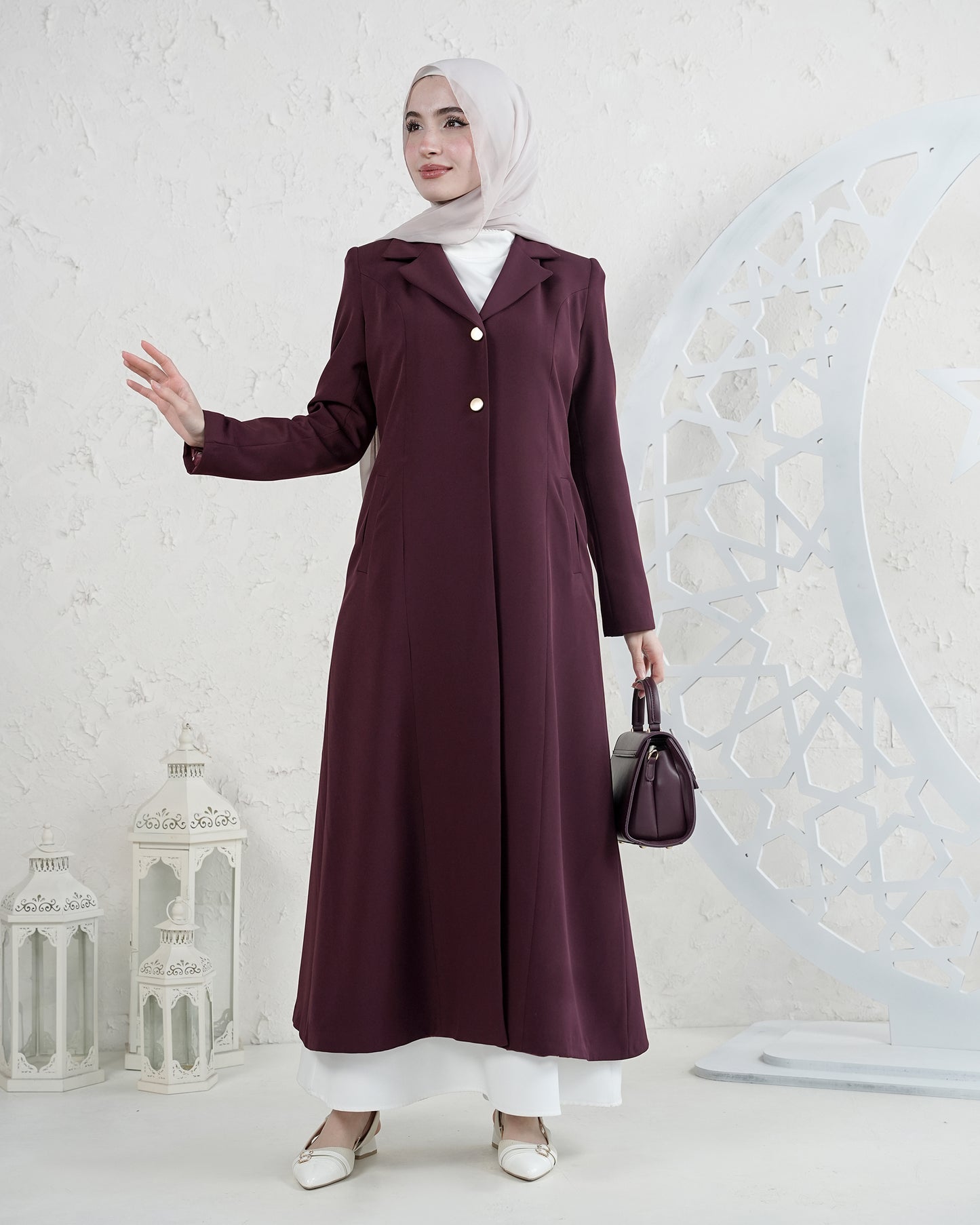 Two-Piece Long Coat Set – Refined Modest Elegance:10700