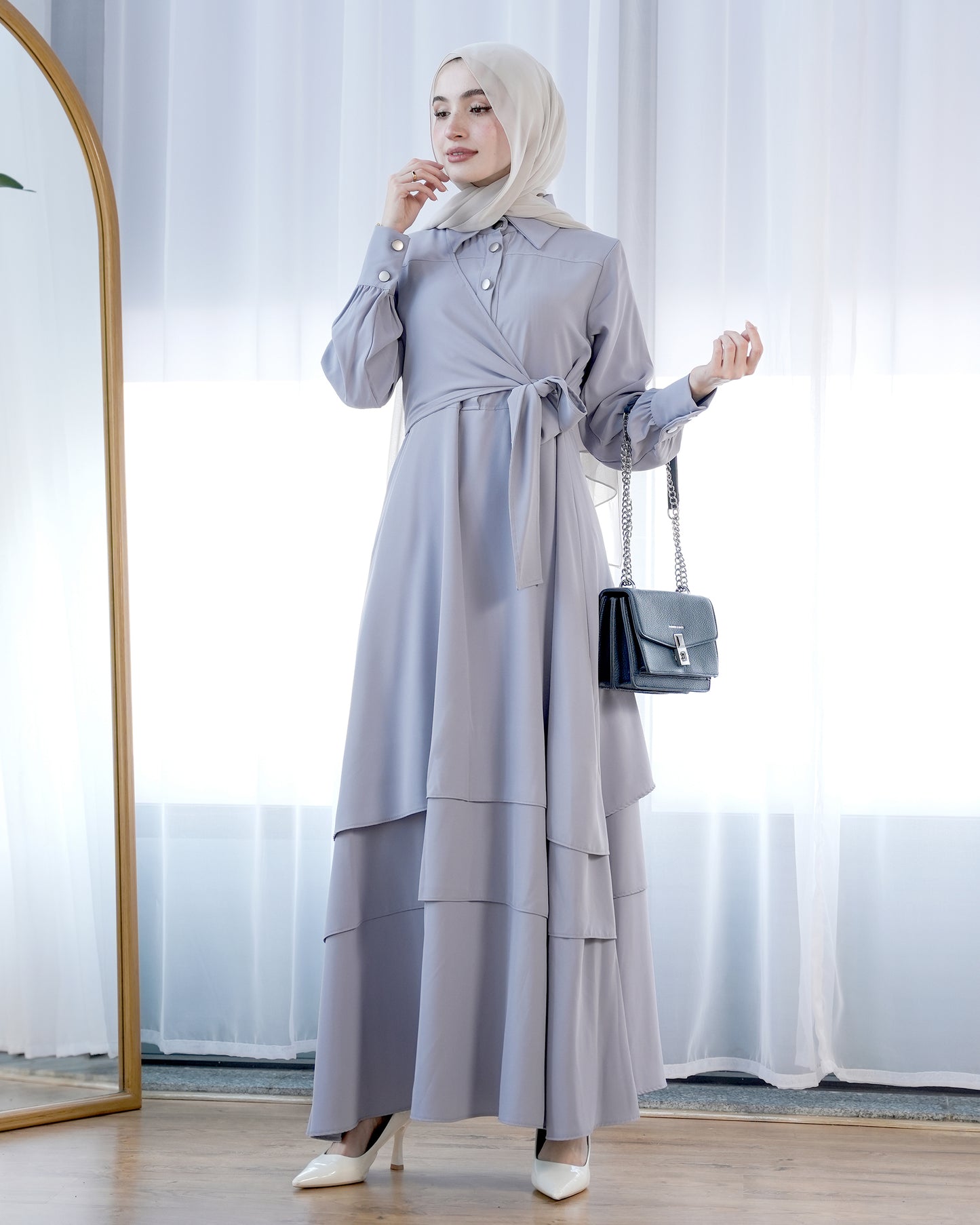 Elegant Modest Wrap Dress with Waist Tie:9300