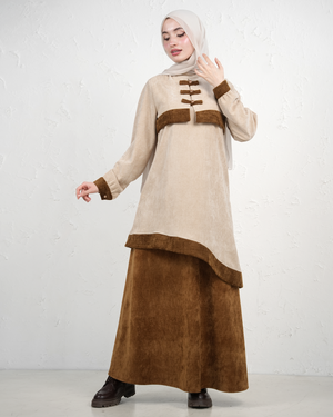 Skirt and Tunic Set with Asymmetric Hem and Front Clasps - Brown